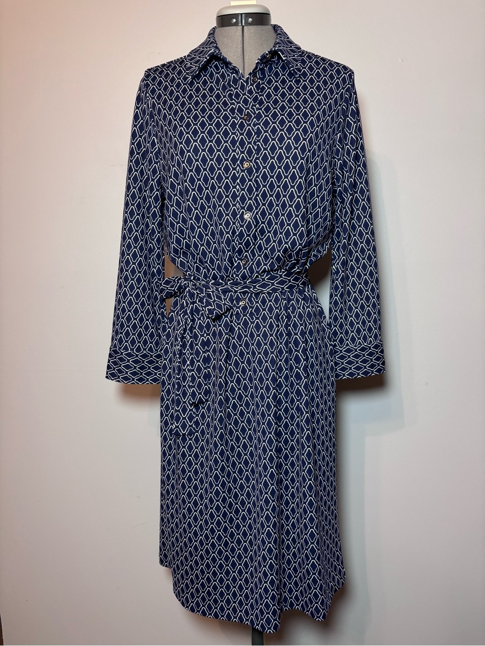 Talbots Navy and White Geometric Shirt Dress with Waist Tie - medium